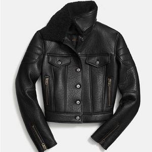 COACH Black Leather Shearling Collar Jacket